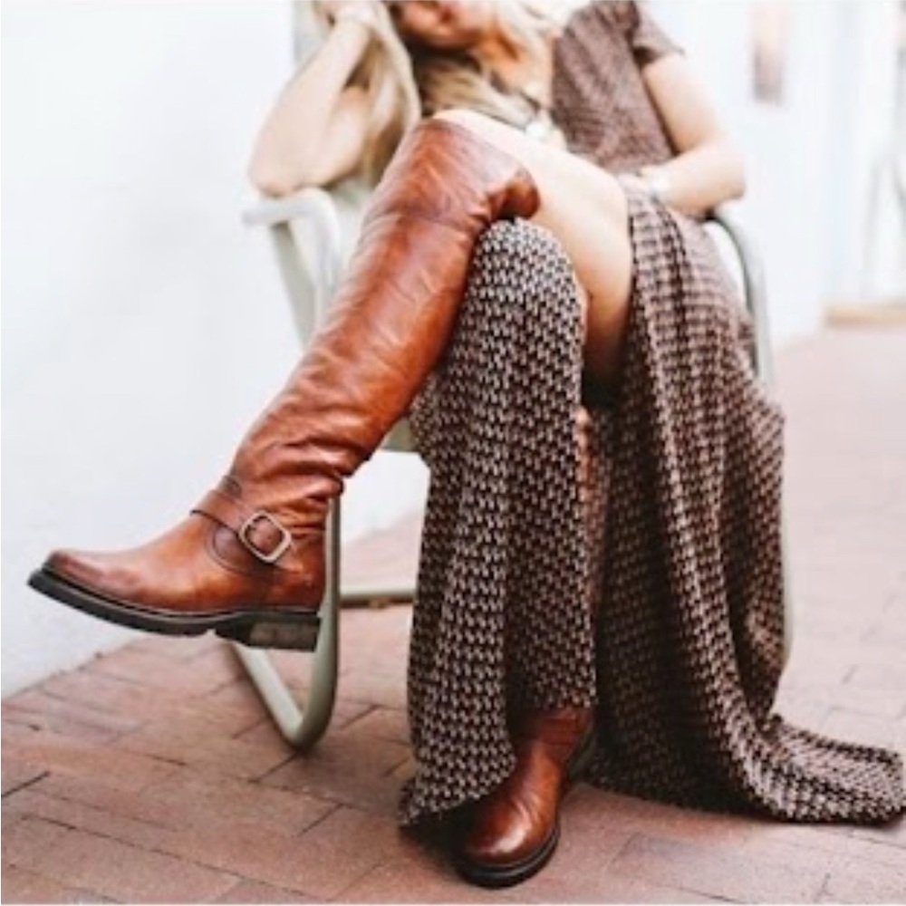 Frye Valerie Shearling Leather Over The Knee Boots in Cognac
